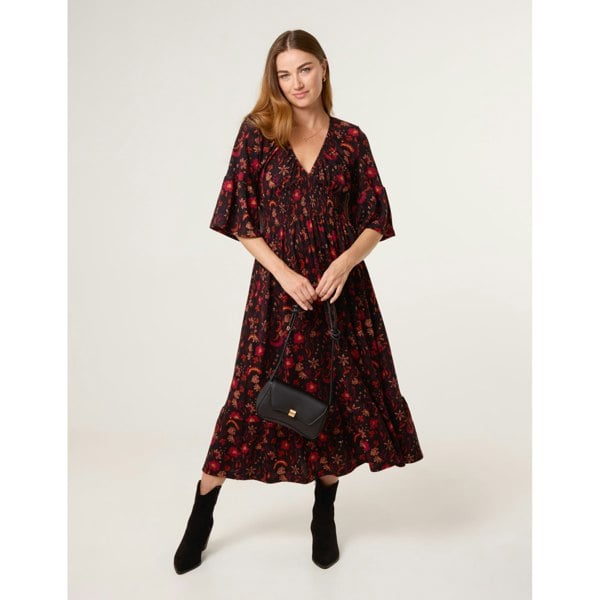 Blue Vanilla Paisley Shirred Waist V Neck Midi Dress