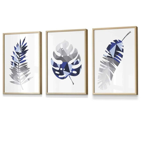 Artze Wall Art GEOMETRIC Set of 3 Blue & Grey Tropical Leaves Framed Prints