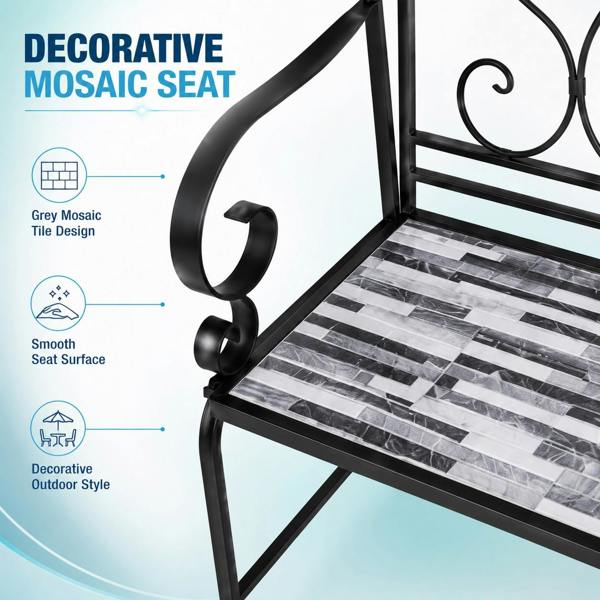Cascade Mosaic 2 Seater Garden Bench, 112cm Outdoor Patio Seat with Ceramic Tile Seat, Scrollwork Backrest & Metal Frame image 5