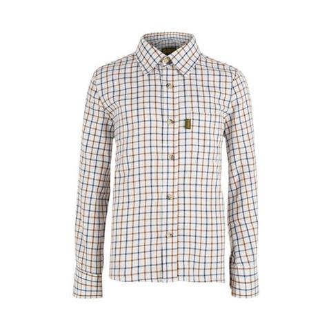 Game Kids Tattersall shirt in brown and navy check, front view with classic country styling for junior shooting or farming wear