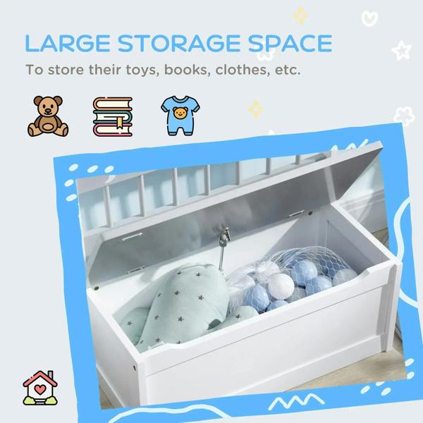 Toy storage bench open to show large interior space for toys, books, and more