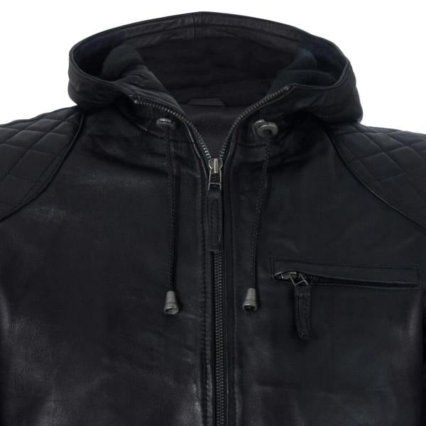 Infinity Leather Mens Black Vintage Zipped Leather Hooded Bomber Biker Jacket