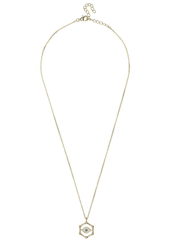 Gold necklace with a hexagonal pendant on a white background