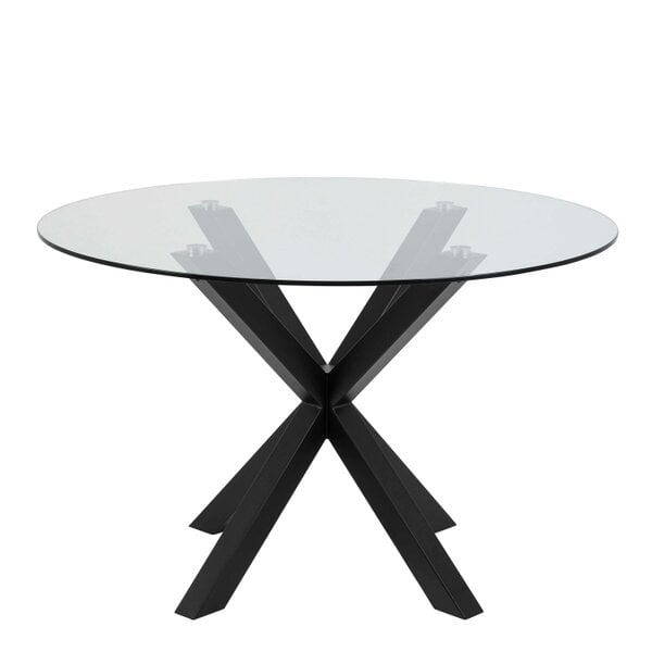 Wyld Haus Perth 119cm Clear Glass Round Dining Table Industrial Black Metal Legs