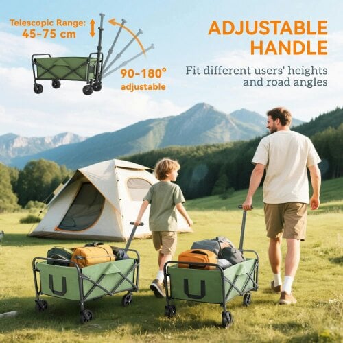 Bobobiy 62L Festival Trolley on Wheels, 120kg Heavy Duty Collapsible Folding Wagon with Adjustable Handle and Carrying Bag for Beach, Green