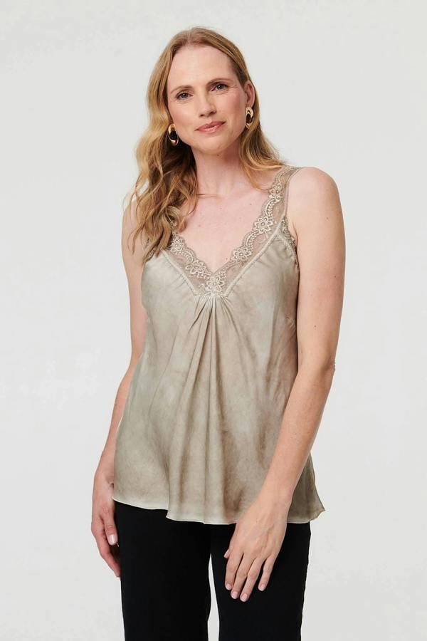 Taupe | Lace Trim Satin Texture Vest Top : Model is 5'9"/175 cm and wears UK10/EU38/US6/AUS10