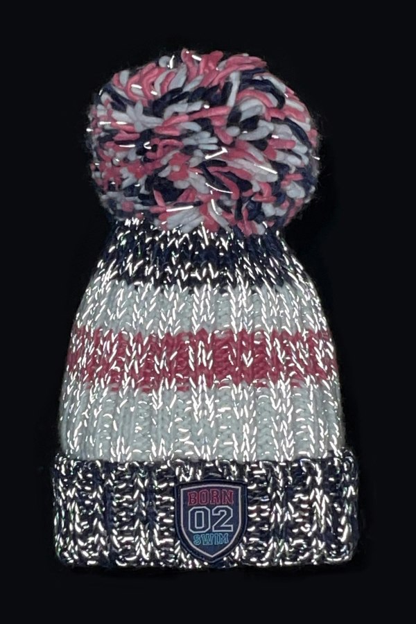 SuperBobble Rib Knit Beanie Bobble Hat - Navy Pink