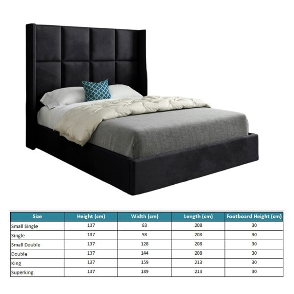 Casa Magna Quanta Straight Winged Upholstered Soft Velvet Bed Frame - Black