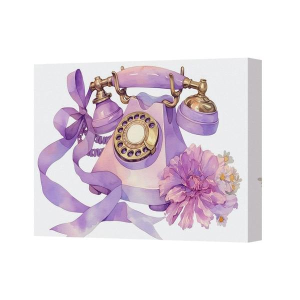 Benjamin Tate Design Purple Vintage Telephone Canvas Art Print With Ribbon And Flowers