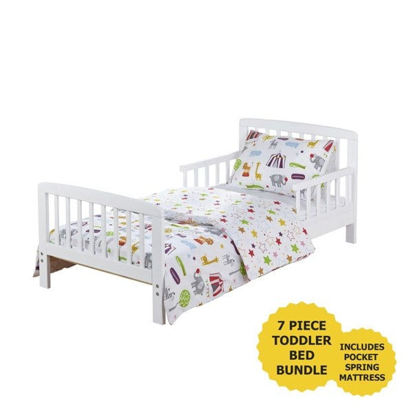 Kinder Valley 7 Pcs Circus Friends Sydney White Toddler Bed Bundle with Pocket Sprung Mattress