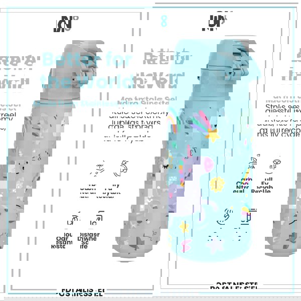 ION8 Leak Proof Kids Water Bottle, Stainless Steel, Blue Unicorns, 400ml (13oz)