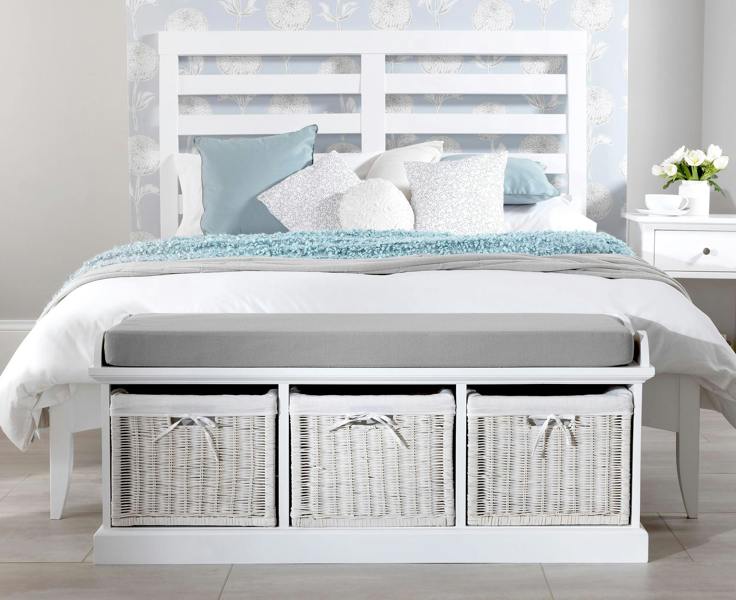 Statement Furniture Tetbury Bench with 3 White Wicker Baskets and Cushion, Assembled Hallway Storage