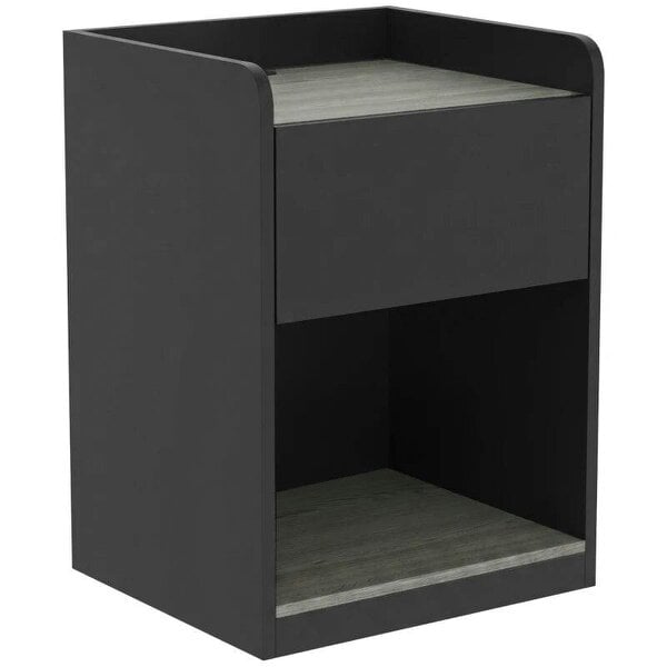 Modern Bedside Table, Slim Nightstand with Drawer, Shelf and Cable Holes, Black and Grey Wood Effect