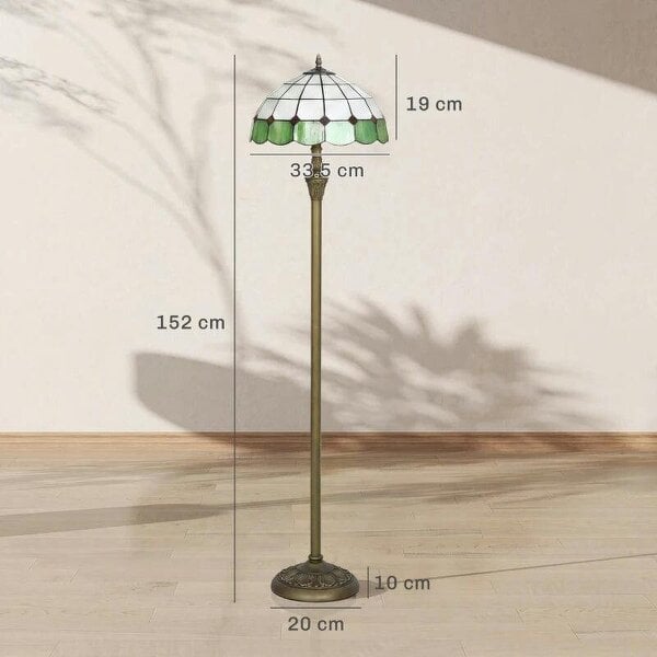 Tiffany-Style Floor Lamp with Handcrafted Stained Glass Shade, 152cm Tall Vintage Standing Lamp, Bronze Tone and Green