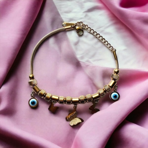 The Colourful Aura Rose Gold Evil Eye Butterfly Dangle Charms Animal Dangly Bracelet