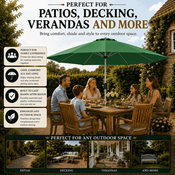 GlamHaus Tilting Garden Parasol Table Umbrella 2.7M with Crank Handle, UV40 Protection, Includes Protection Cover - Green