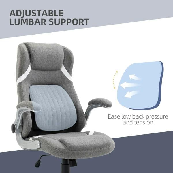 Grey linen-look office chair with adjustable lumbar support and padded seat, chrome base