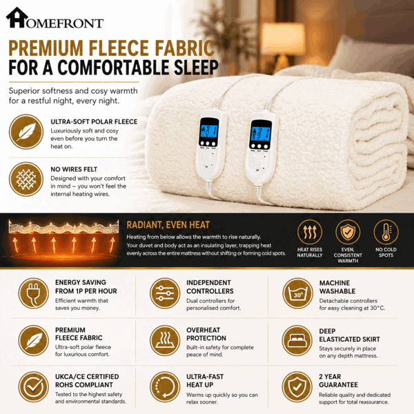Homefront Double Electric Luxury Fleece Blanket With 9 Heat Settings and Timer Digital Control