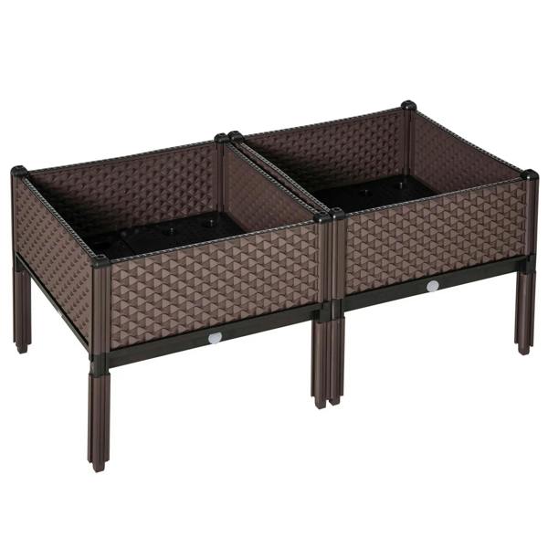 Set of 2 brown elevated planter boxes with textured sides and black legs