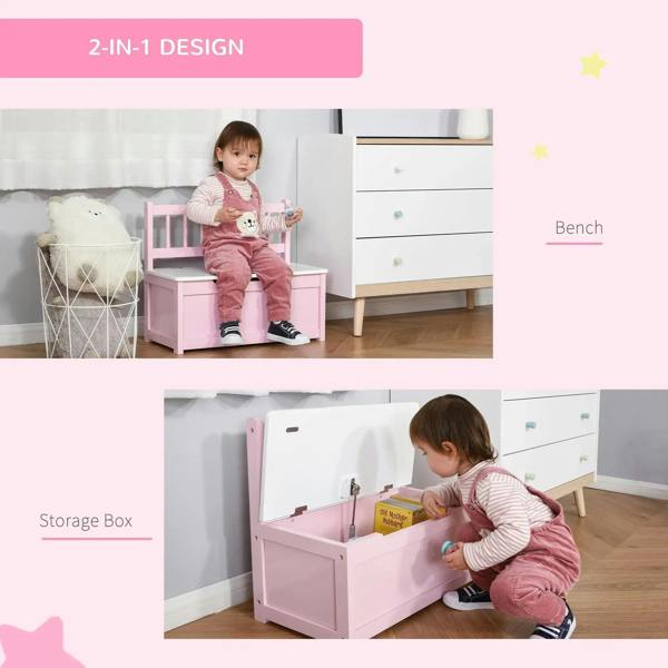 Pink 2-in-1 toy box bench showing open storage box and seated bench