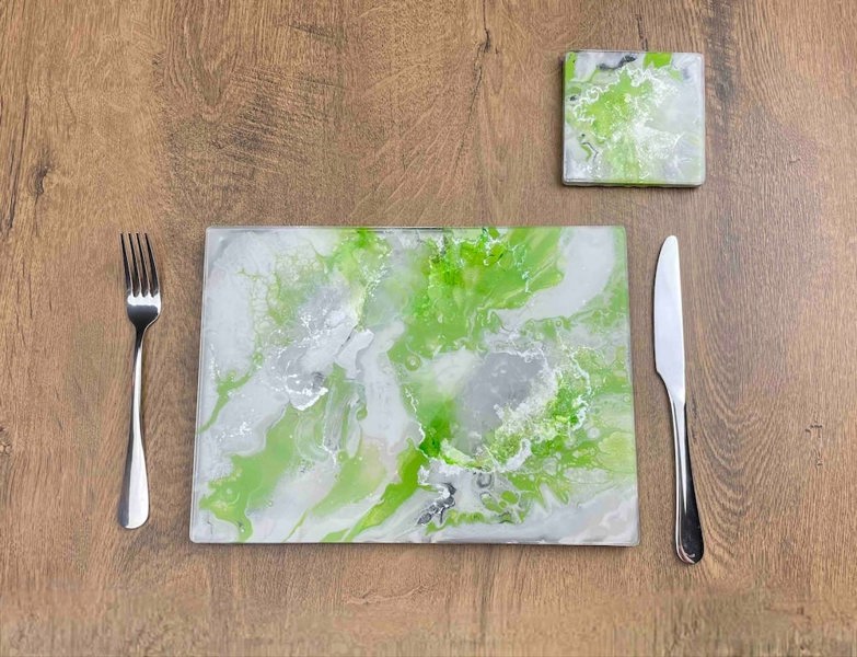 Kate Chesters Art Lime Green Dining Table Mats and Coasters - Heat Safe