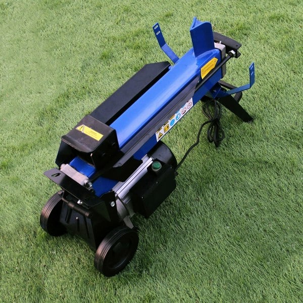 T-Mech 5T log splitter in blue and black, featuring sturdy wheels, a compact design, and a powerful motor for efficient wood splitting