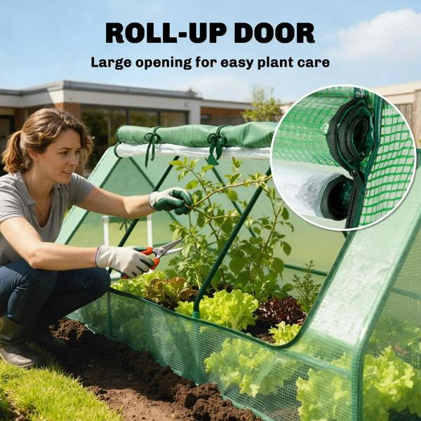 Green greenhouse with roll-up door and mesh screen opening for easy plant care.