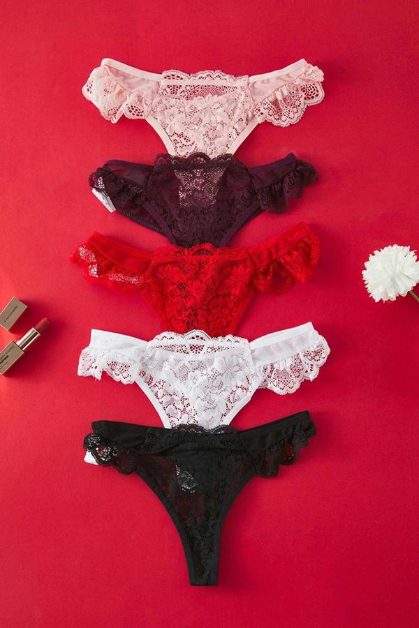 WOVCOR 5-Pack Tulle Lace Detail Thong Knitted Panties