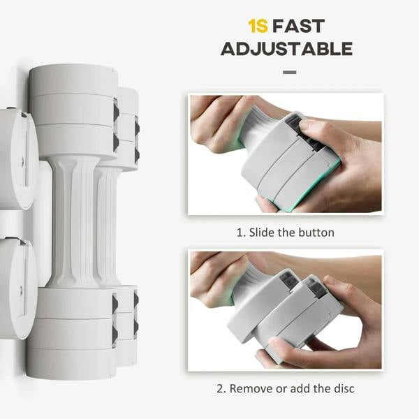 White adjustable dumbbell with quick-adjust button and stacked weight blocks