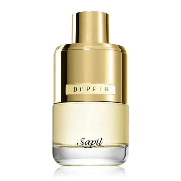 Gold and clear perfume bottle labeled 'Dapper Sapil' on a white background