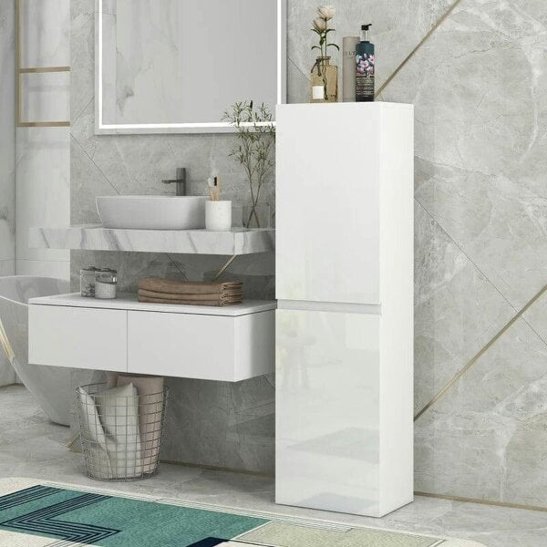 Bathroom Storage Unit, Tall Bathroom Cabinet with 2 Cupboards and Adjustable Shelves, High Gloss White - White