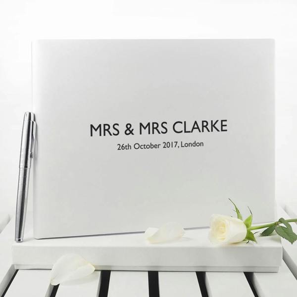 Engraved White Leather Wedding Guest Book - lifestyle shot