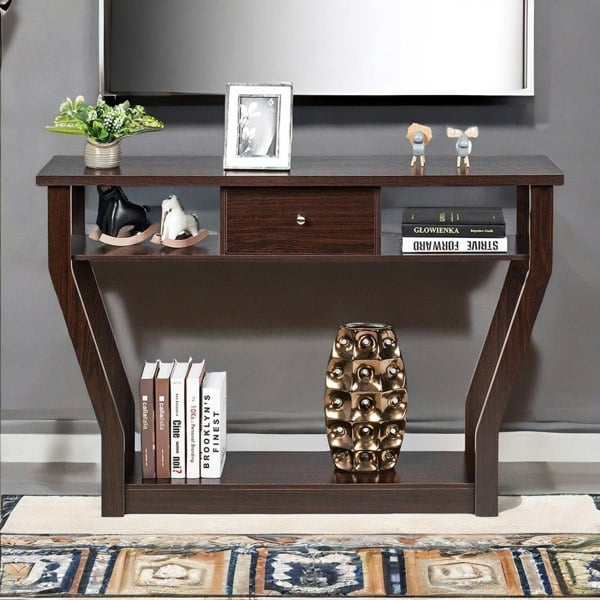 Rafaelo Mobilia Industrial Narrow Console Table With Drawer Walnut Bown