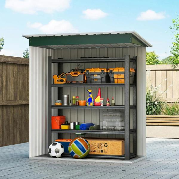 Green and gray metal storage shed with open sliding door and interior shelves