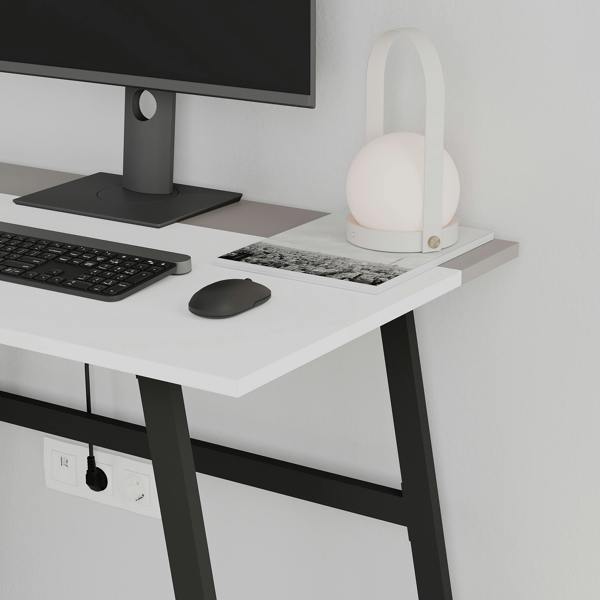 Decortie Modern Compact Rectangular Work Desk, Easy Assembly, suitable for Small Spaces, Robust Black Metal Legs, White,Mocha Grey