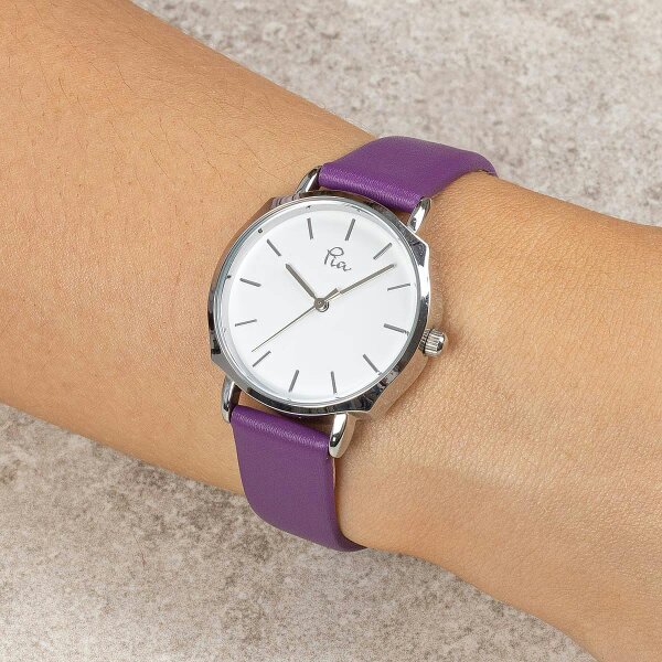 Pia Purple Leather Watch, Silver-Tone Round Case, Quartz Analogue