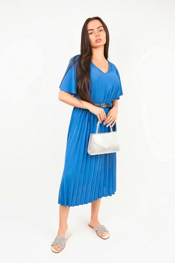 Elidi Short Sleeve Pleated Midi Dress With Waist Belt - Royal