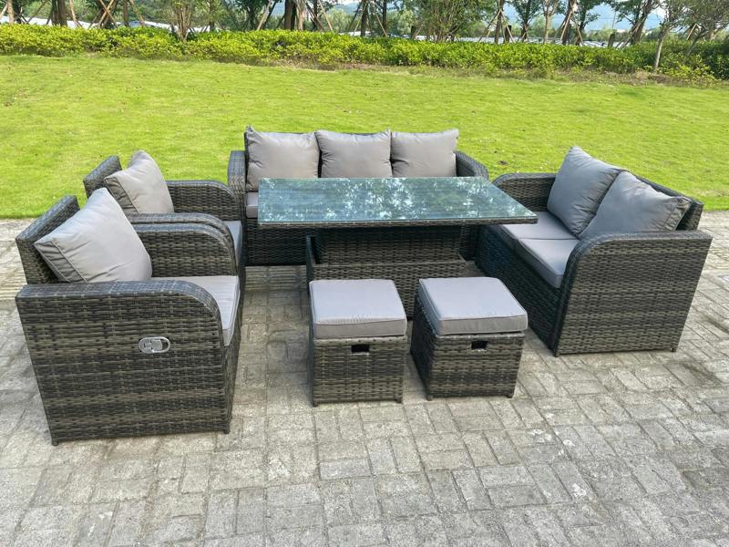 Fimous 9 Seater Rattan Outdoor Garden Furniture Lifting Adjustable Dining Table Sets, Love Sofa, 3 Seater Sofa, Footstools & Reclining Chairs
