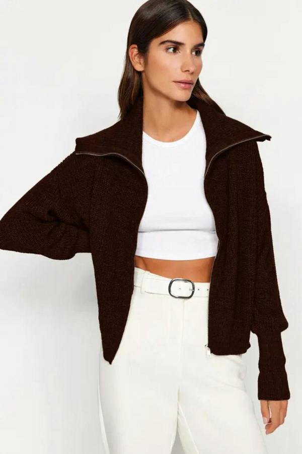 Hoxton Gal Oversized Draped Collar Zip-Up Knit Cardigan