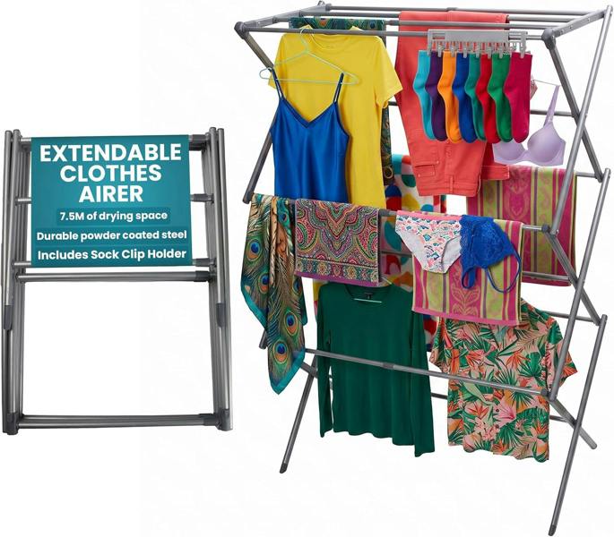 Laundry Mate Clothes Airer with Sock Clips - 3 Tier Space Saving Foldable Laundry Rack - Extends up to 71CM 11 Hanging Poles