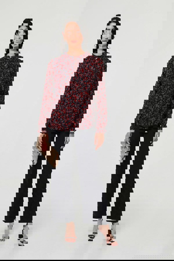 Navy | Printed Frilled Tie Neck Blouse
