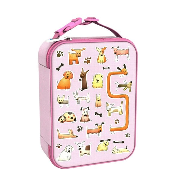 A pink lunchbox featuring various cartoon dogs and playful illustrations such as bones and paw prints scattered across its surface with a pink handle on top.