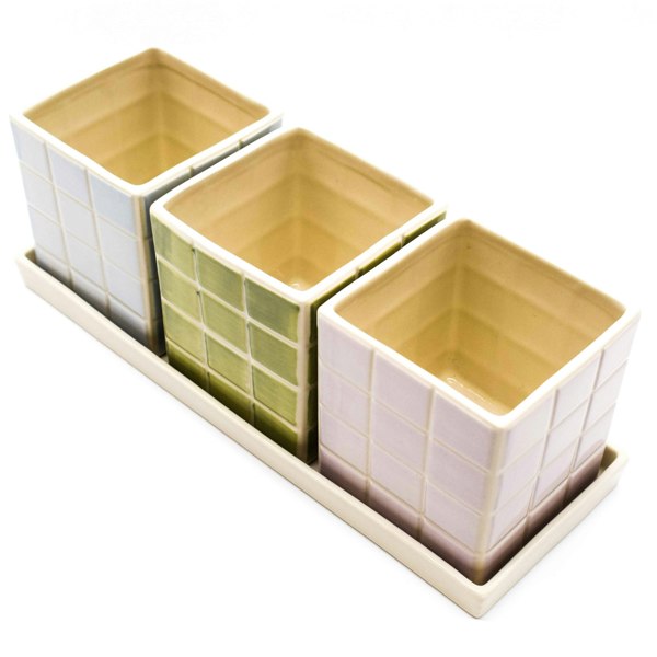 Upper Street Set of Three Cool Pastel Tile Design Ceramic Planters with Tray