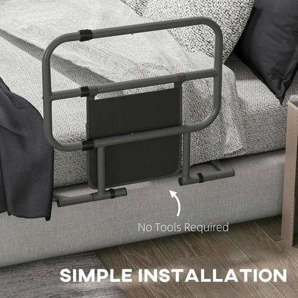 Black folding bed rail with storage pocket and side rails on a sofa bed.