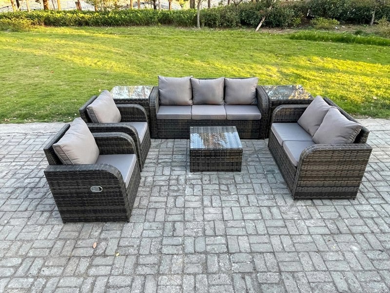 Fimous 7 Seater Garden Furniture Set Rattan Outdoor Lounge Sofa Chair With Tempered Glass Table 2 Side Tables Dark Grey Mixed