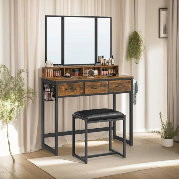 Rafaelo Mobilia 3 Drawer Dressing Table With Mirror And Stool Rustic Brown