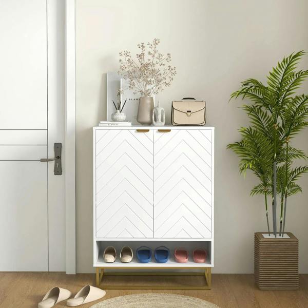 White shoe storage cabinet with open shelf and chevron doors, shoes stored on tiers