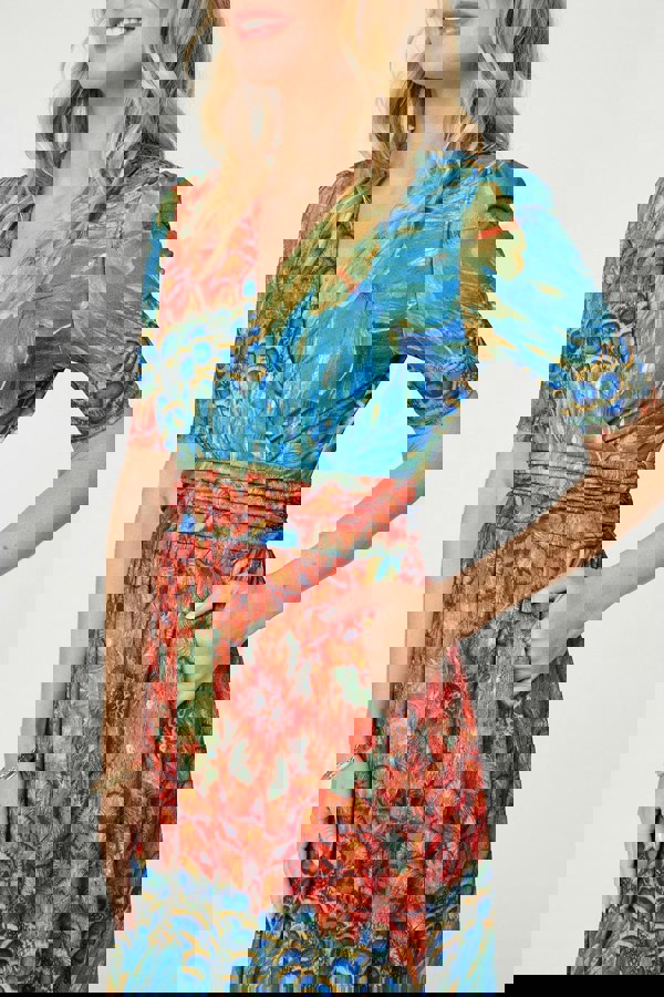 Blue | Printed Ruched Waist Faux Wrap Midi Dress
