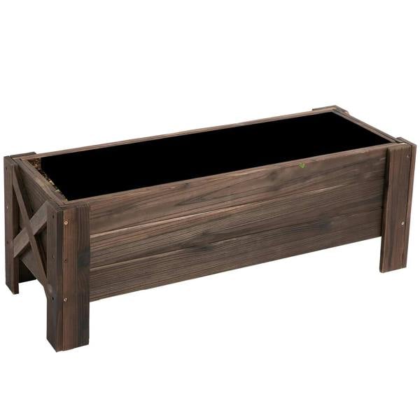 Brown wooden raised garden bed planter with four support legs and open top