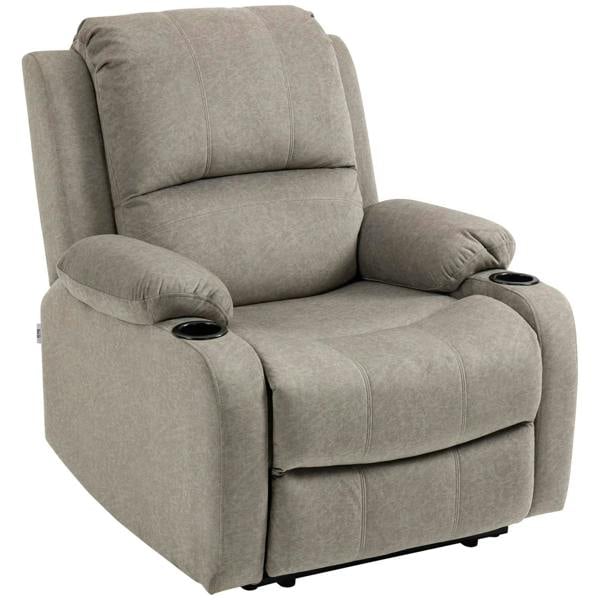 Light gray reclining chair with padded armrests and integrated cup holders
